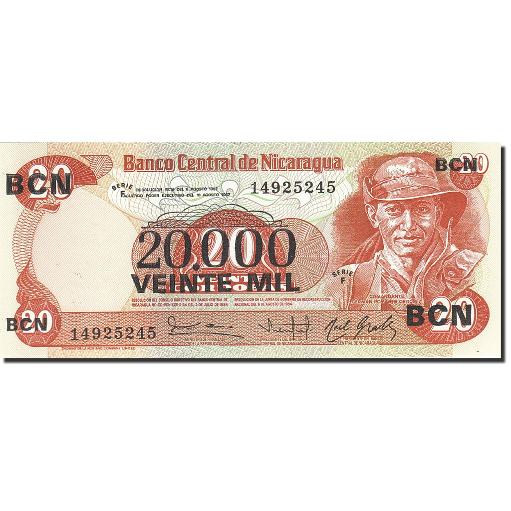 Banknot, Nicaragua, 20,000 Córdobas on 20 Córdobas, 1987, 1987, KM:147