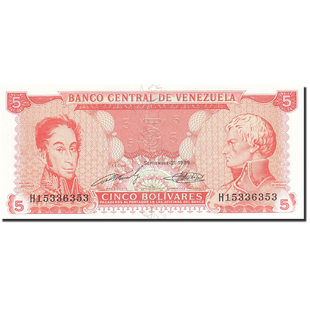 Biljet, Venezuela, 5 Bolivares, 1989, 1989-09-21, KM:70b, NIEUW