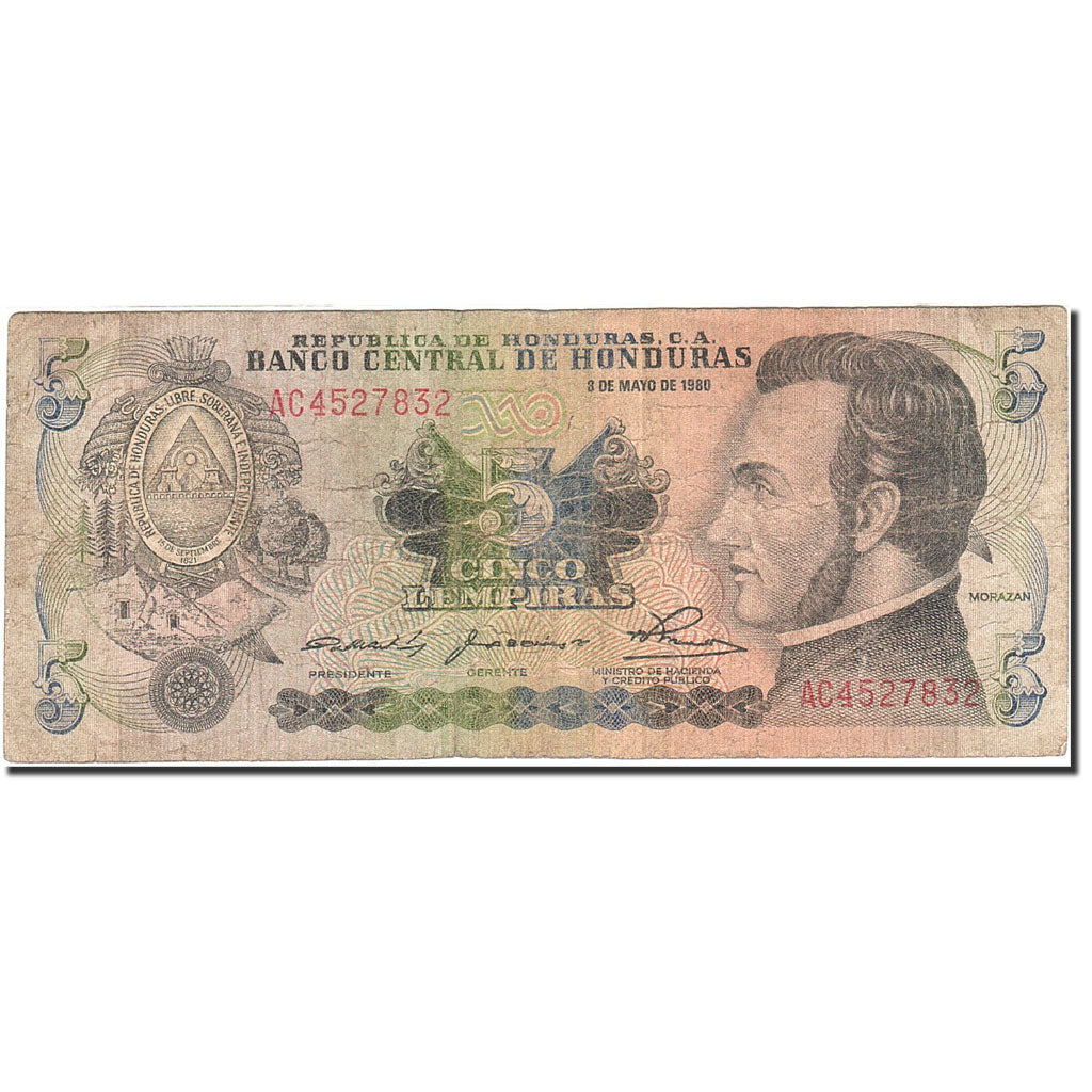 Billete, 5 Lempiras, 1975-1978, Honduras, KM:63a, 1980-05-08, BC