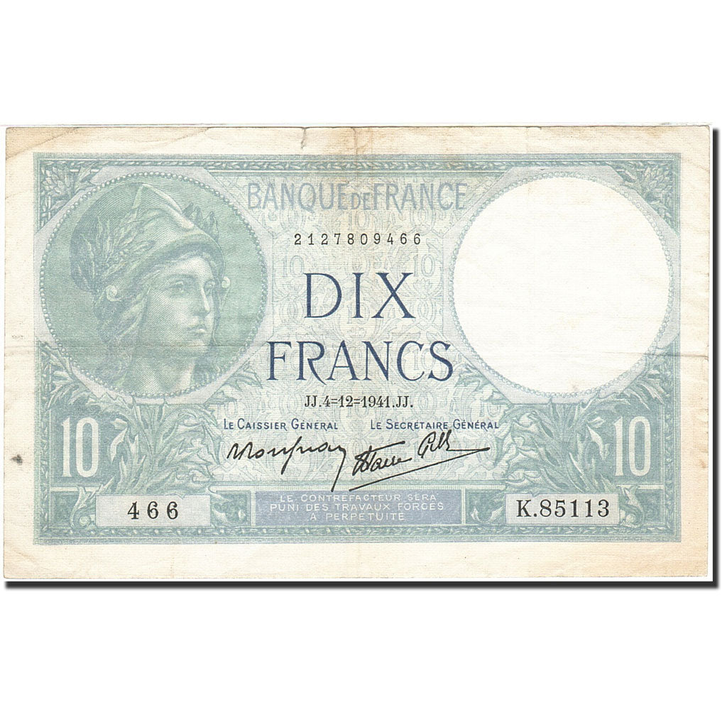 Banknot, Francja, 10 Francs, 1915, 1941-12-04, EF(40-45), Fayette:7.30, KM:84