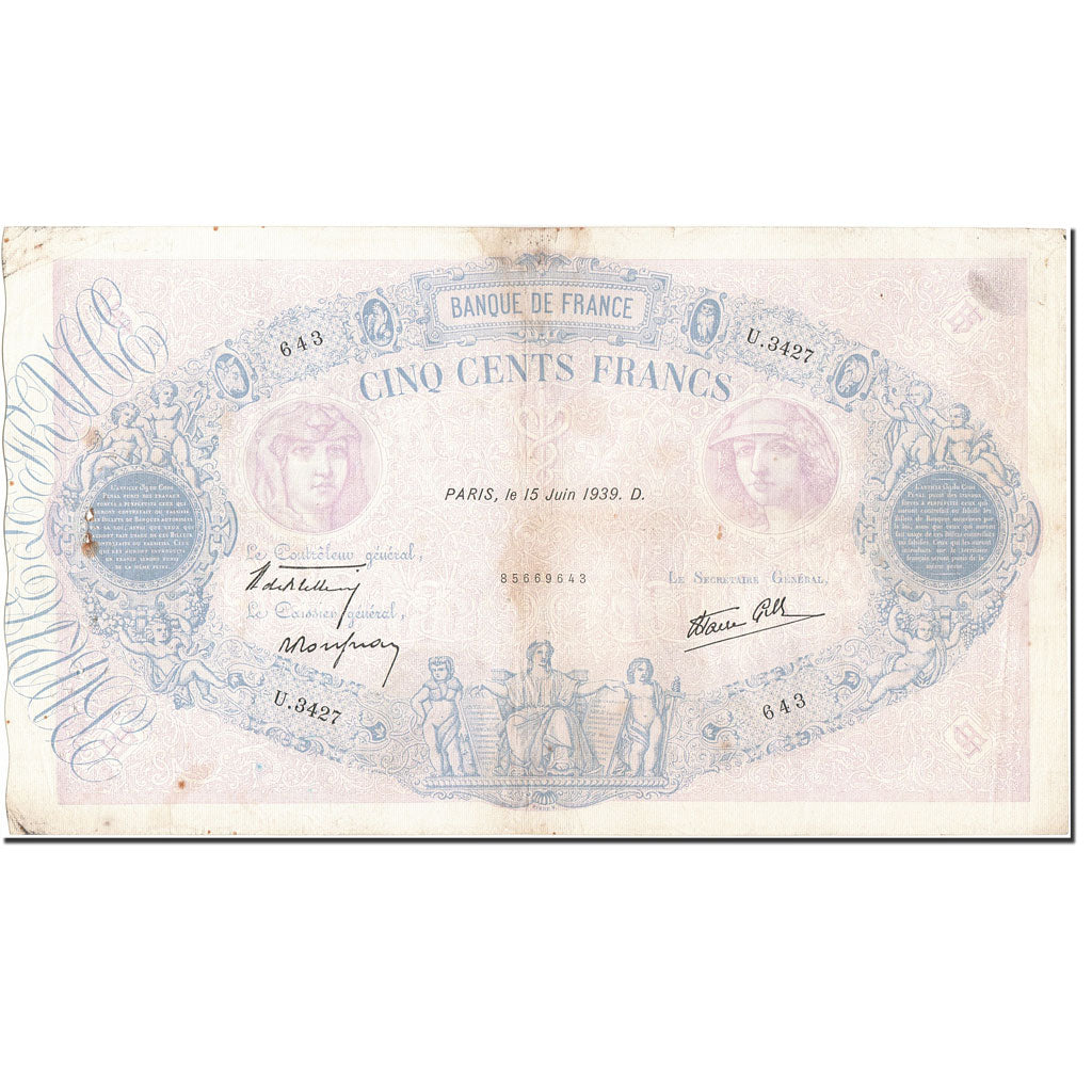 Billete, Francia, 500 Francs, 1888, 1939-06-15, BC, Fayette:31.34, KM:88c