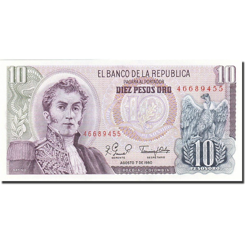 Banknote, Colombia, 10 Pesos Oro, 1961-1964, 1980-08-07, KM:407g, UNC(65-70)