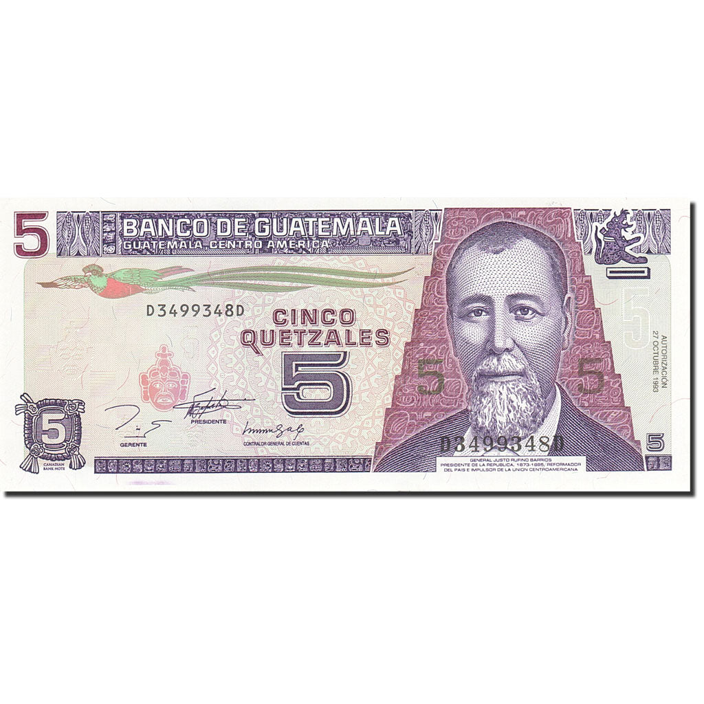 Billet, Guatemala, 5 Quetzales, 1993-1995, 1993-10-27, KM:88a, SPL