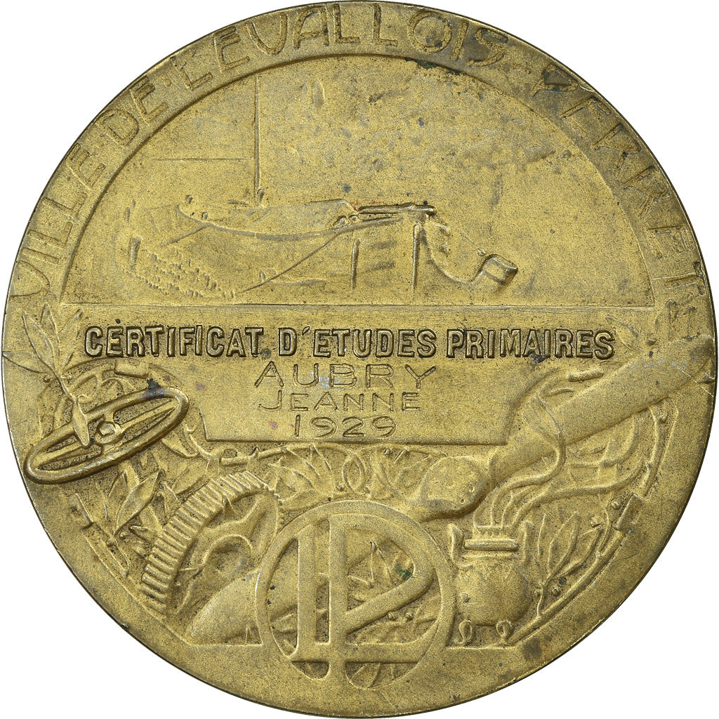 França, Medal, Certificat d'Etudes, Ville de Levallois-Perret, 1929, Baudichon