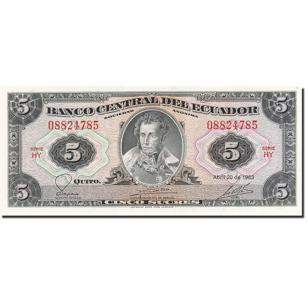 Billete, 5 Sucres, 1975-1980, Ecuador, KM:108b, 1983-04-20, UNC