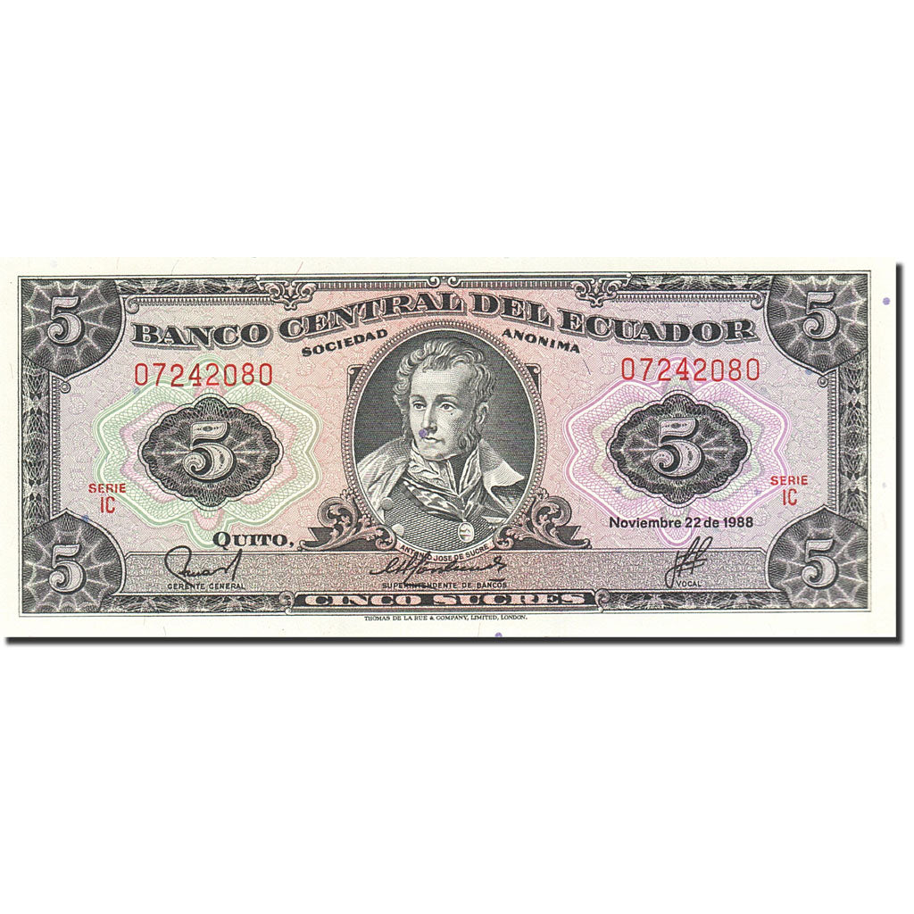 Billete, 5 Sucres, 1957-1971, Ecuador, KM:113d, 1988-11-22, UNC