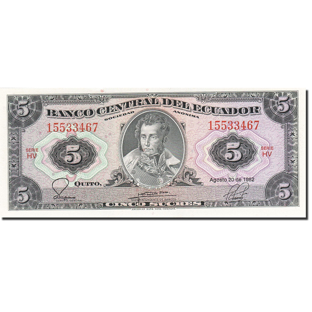 Billete, 5 Sucres, 1957-1971, Ecuador, KM:108b, 1982-08-20, UNC