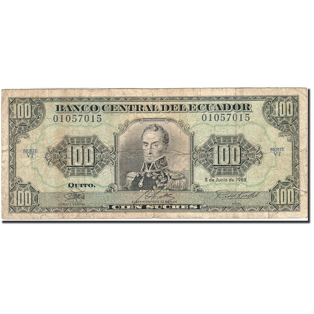 Billete, 100 Sucres, 1984-1988, Ecuador, KM:123Aa, 1988-06-08, BC
