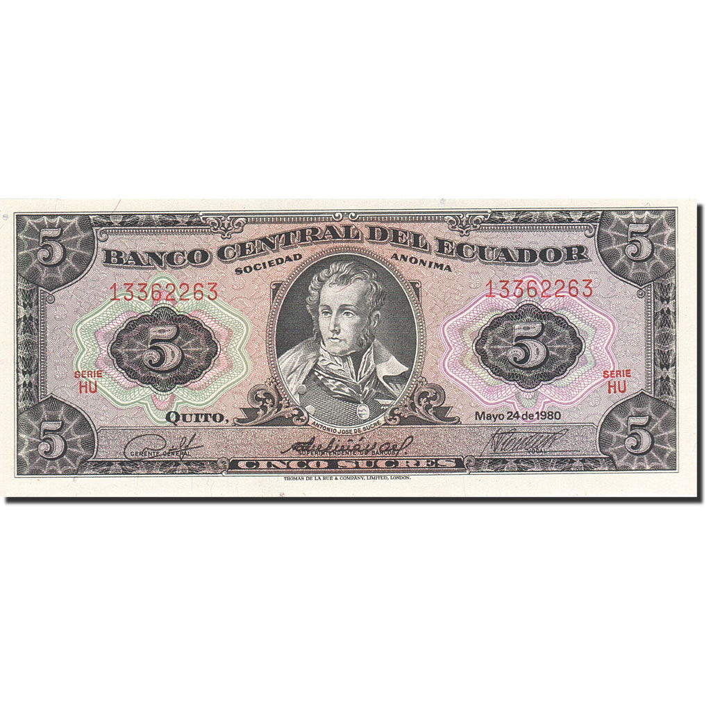 Billete, 5 Sucres, 1957-1971, Ecuador, KM:113c, 1980-05-24, UNC