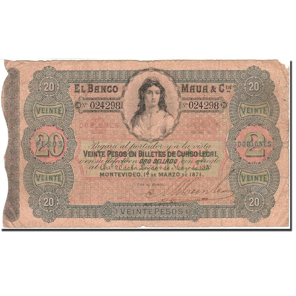 Banknote, Uruguay, 20 Pesos = 2 Doblones, 1871, 1871-03-01, KM:S292, VF(20-25)