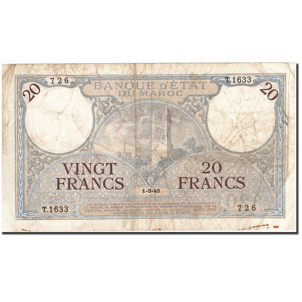 Banknote, Morocco, 20 Francs, 1928-1929, 1945-03-01, KM:18b, EF(40-45)