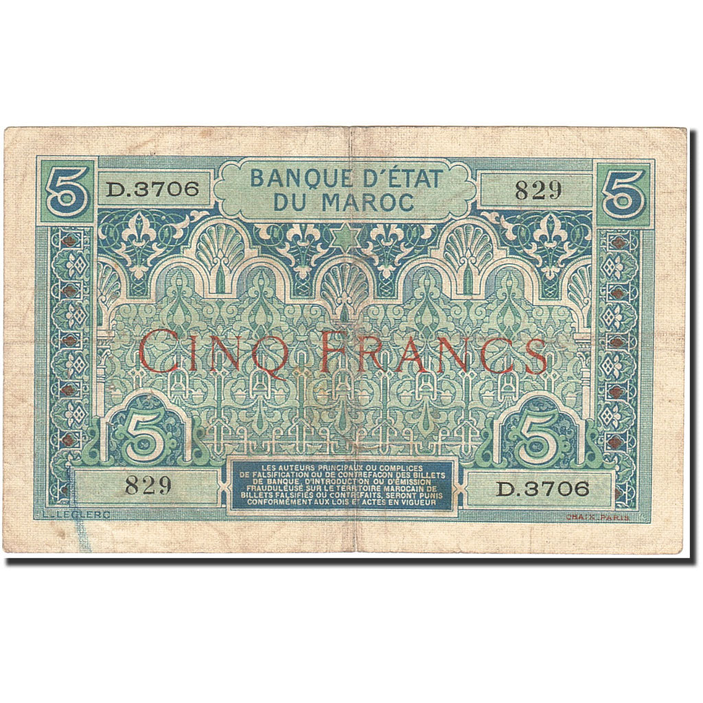 Geldschein, Marokko, 5 Francs, 1920-1924, Undated (1924), KM:9, S