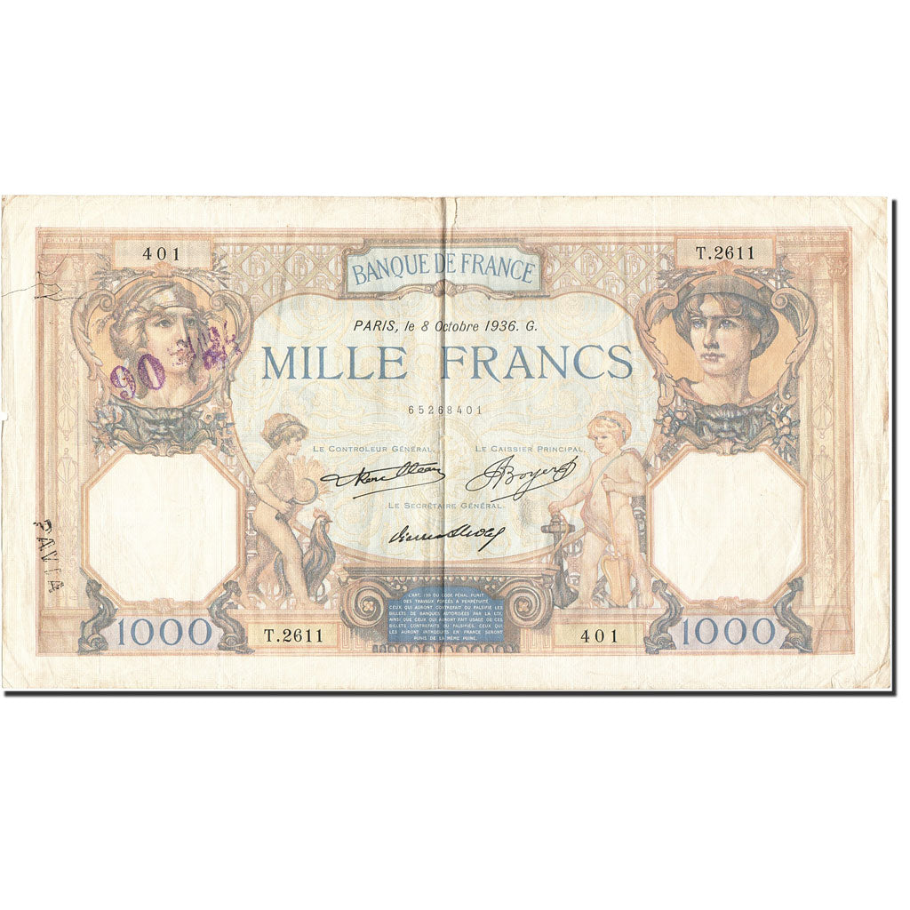 Billete, Francia, 1000 Francs, 1927, 1936-10-08, BC+, KM:79c