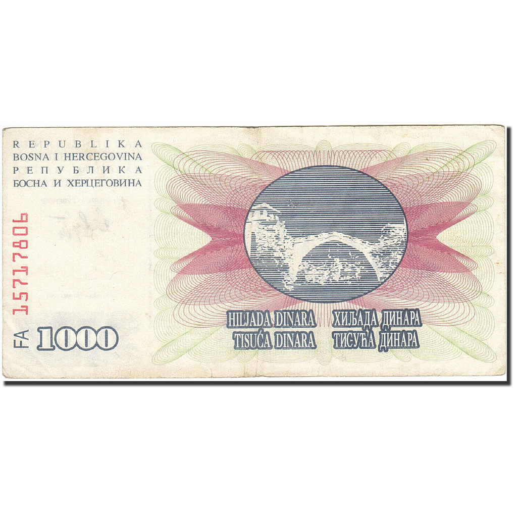 Banconote, Bosnia - Erzegovina, 1000 Dinara, 1992-1993, KM:15a, 1992, MB