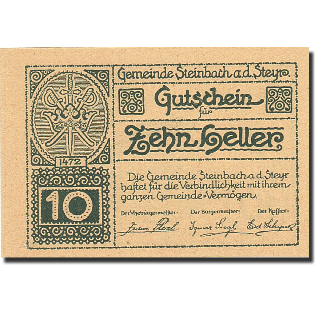 Biljet, Oostenrijk, Steinbach an der Steyr, 10 Heller, Batiment, 1920