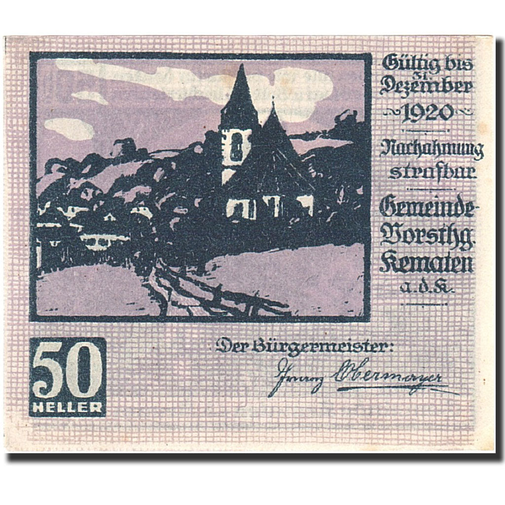 Banknote, Austria, Kematen an der Krems, 50 Heller, personnage, 1920