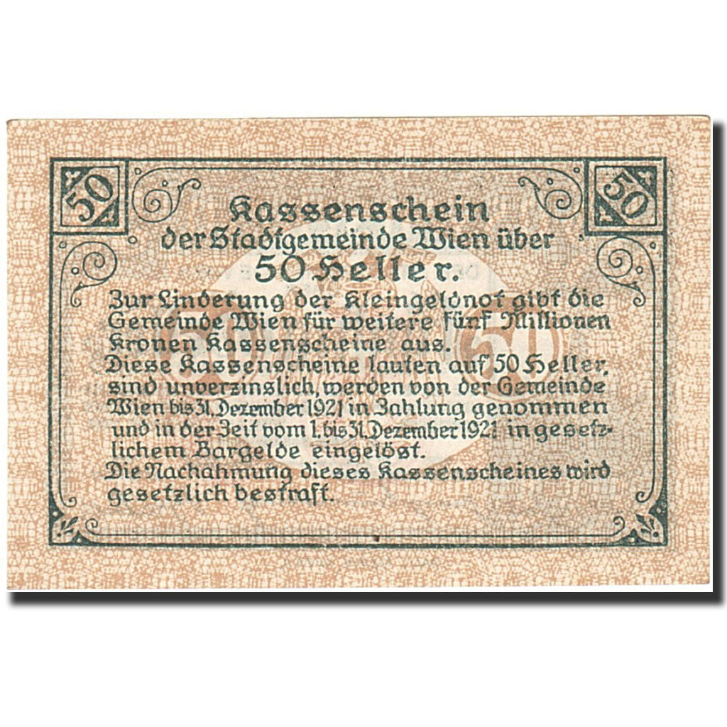 Banknote, Austria, Vienne, 50 Heller, Monument, 1921, 1921-12-31, UNC(60-62)