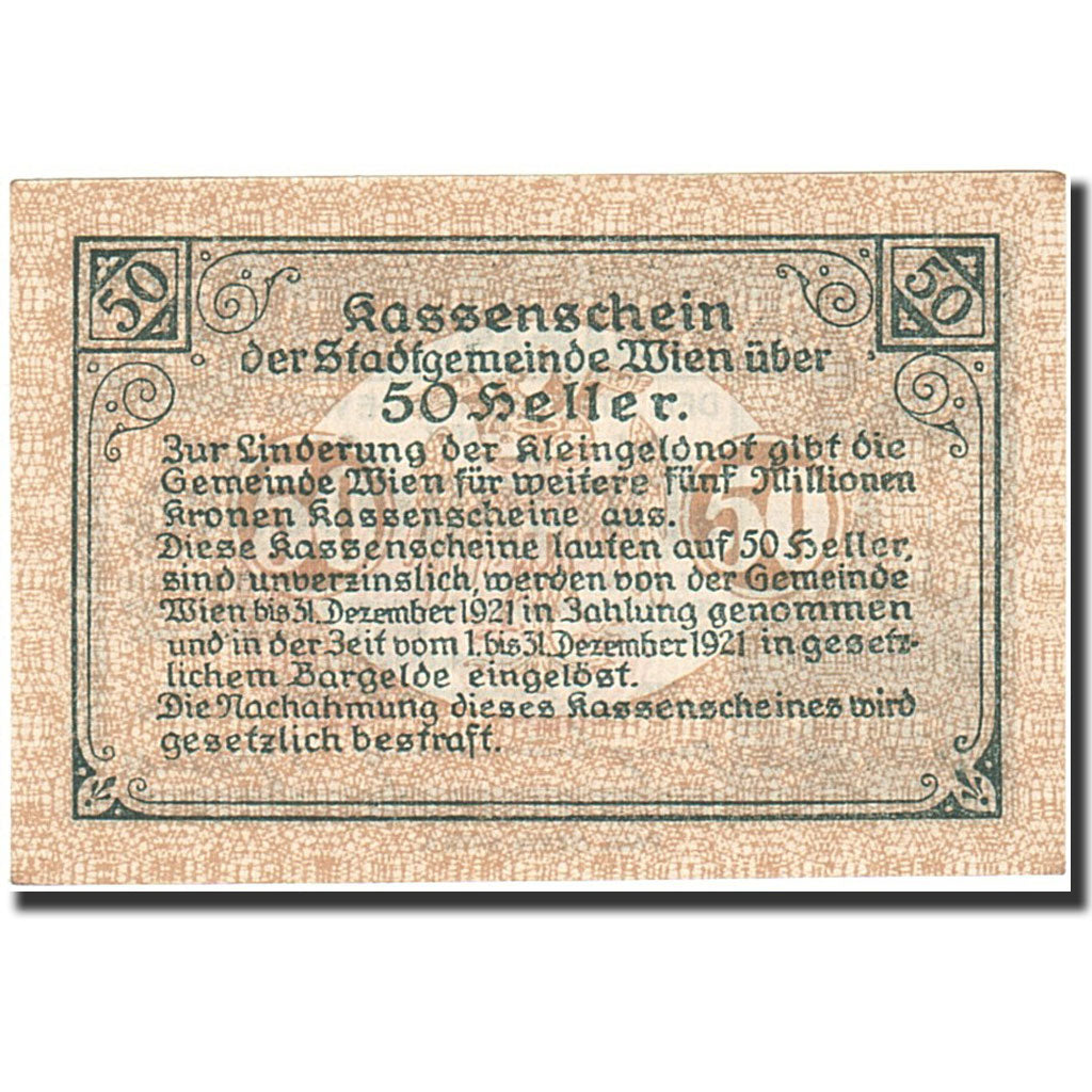 Banknote, Austria, Vienne, 50 Heller, Monument, 1921, 1921-12-31, AU(55-58)