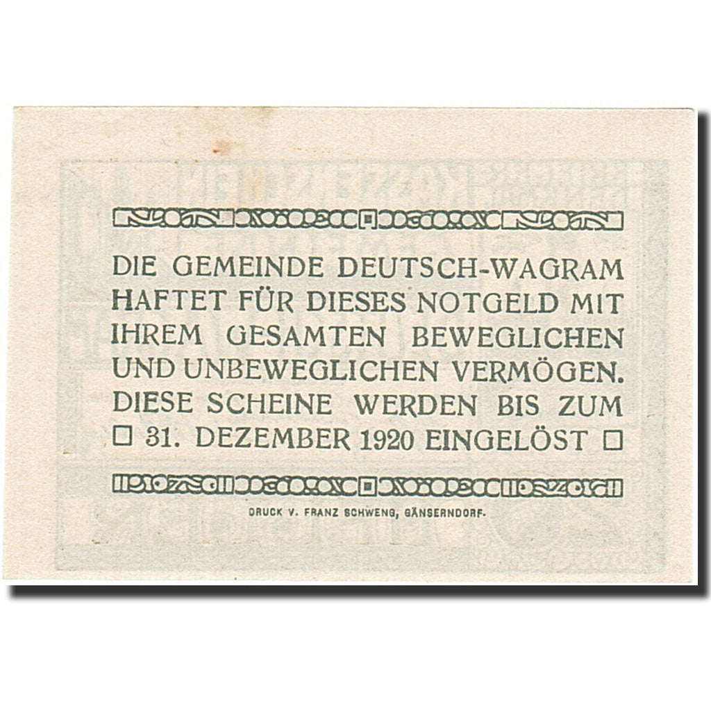 Banknote, Austria, Wagram, 20 Heller, Bataille, 1920, 1920-12-31, AU(55-58)
