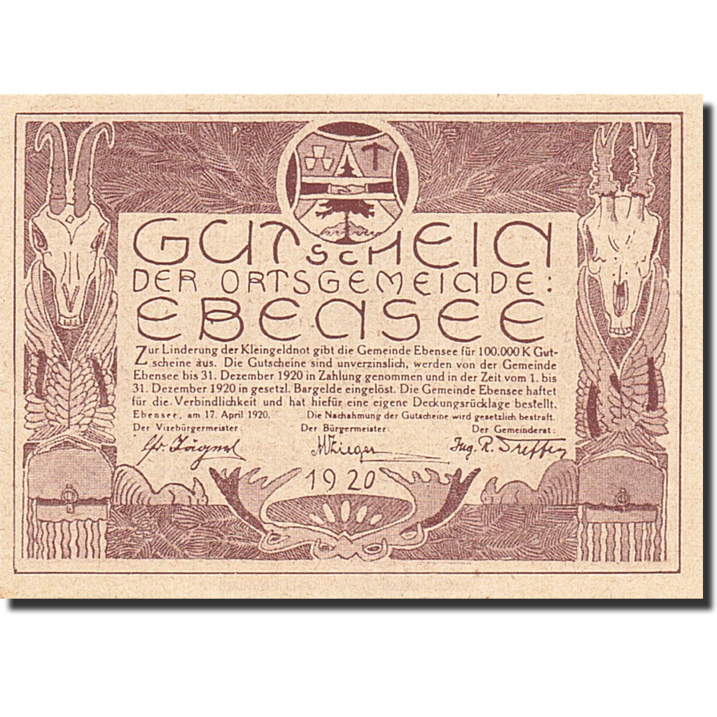 Banknote, Austria, Ebensee, 20 Heller, paysage, 1920, 1920-04-17, UNC(63)