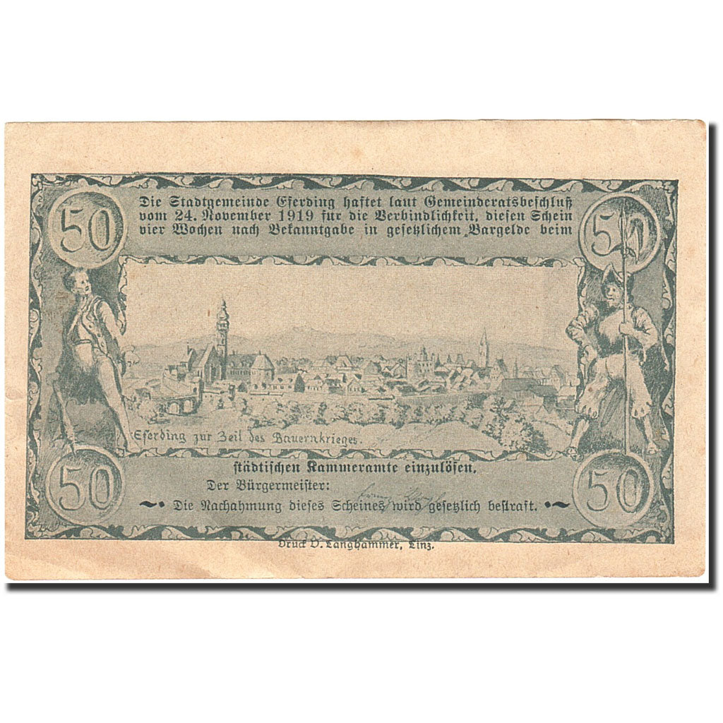 Banknote, Austria, Eferding, 50 Heller, château, 1919, 1919-11-24, EF(40-45)