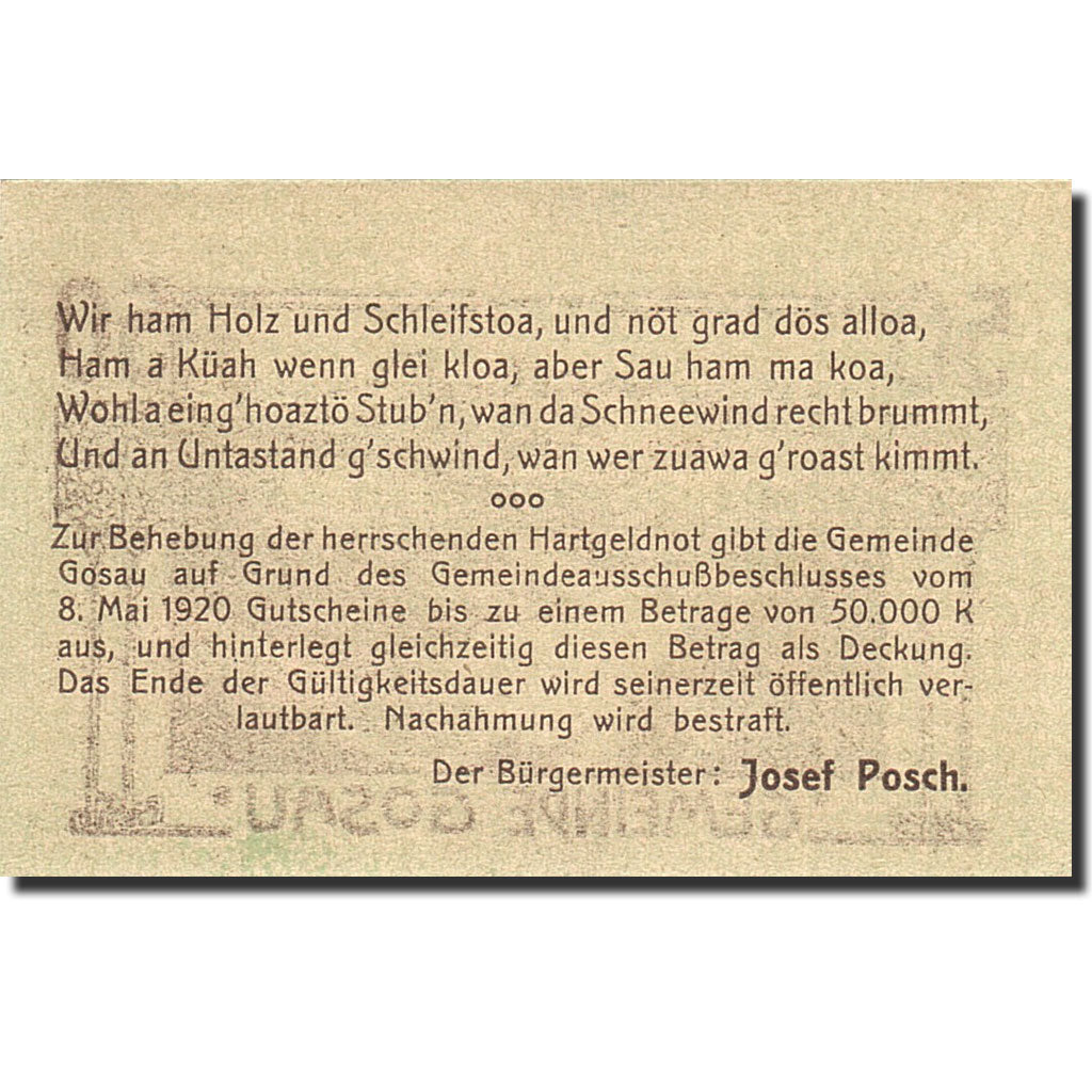 Banknote, Austria, Gosau, 50 Heller, paysage, 1920, 1920-05-08, UNC(63)