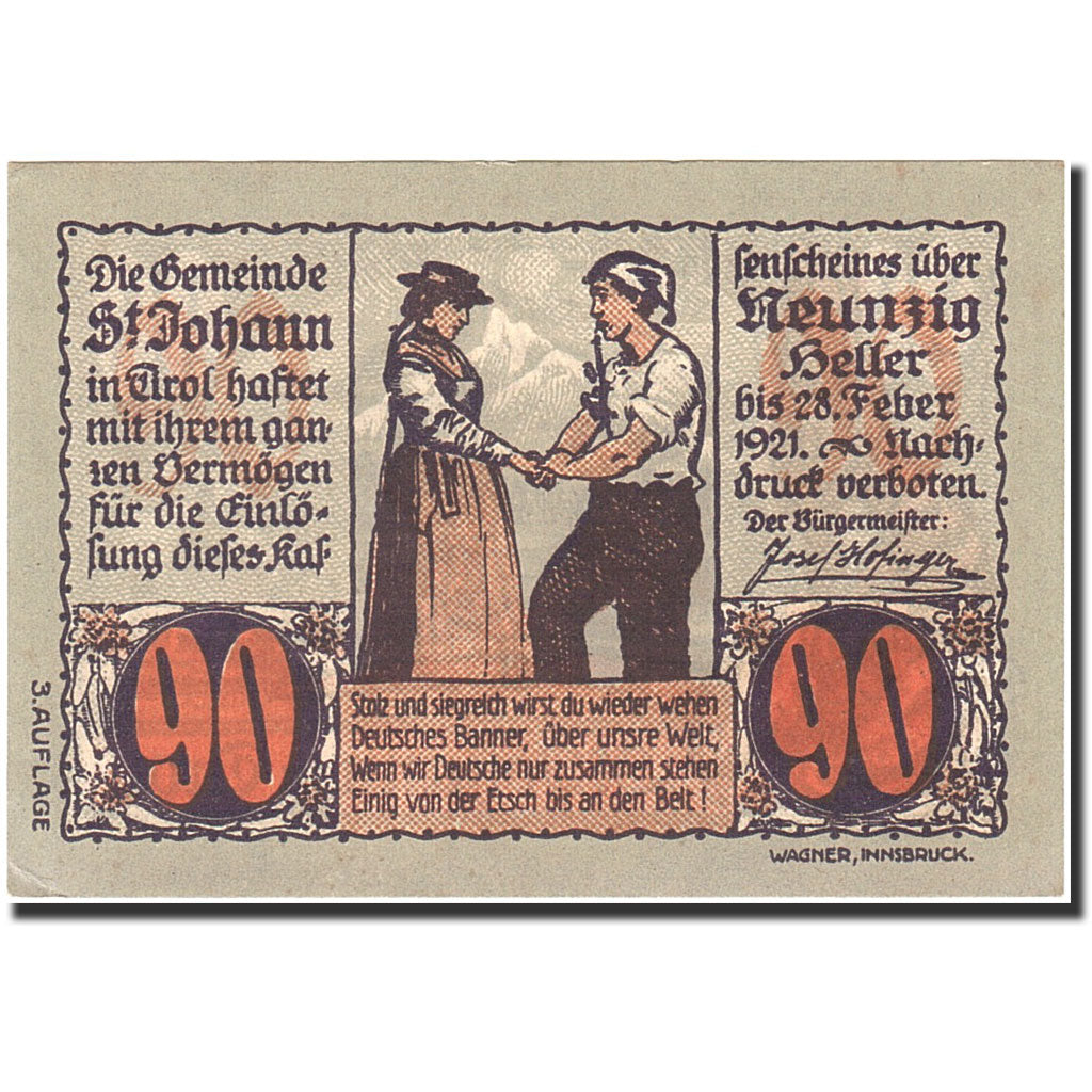 Banknote, Austria, St Johann in Tirol, 90 Heller, paysage, 1921, 1921-02-08