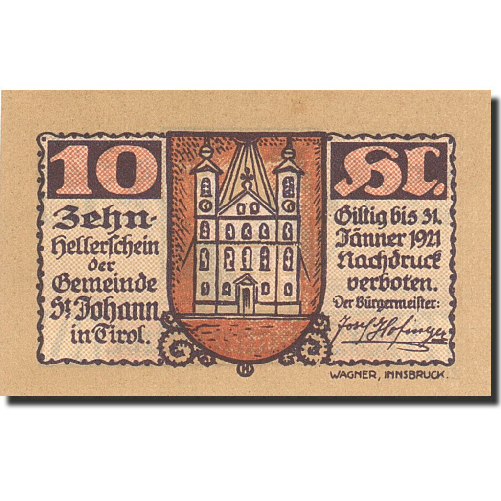 Banknote, Austria, St Johann in Tirol, 10 Heller, paysan, 1921, 1921-01-31
