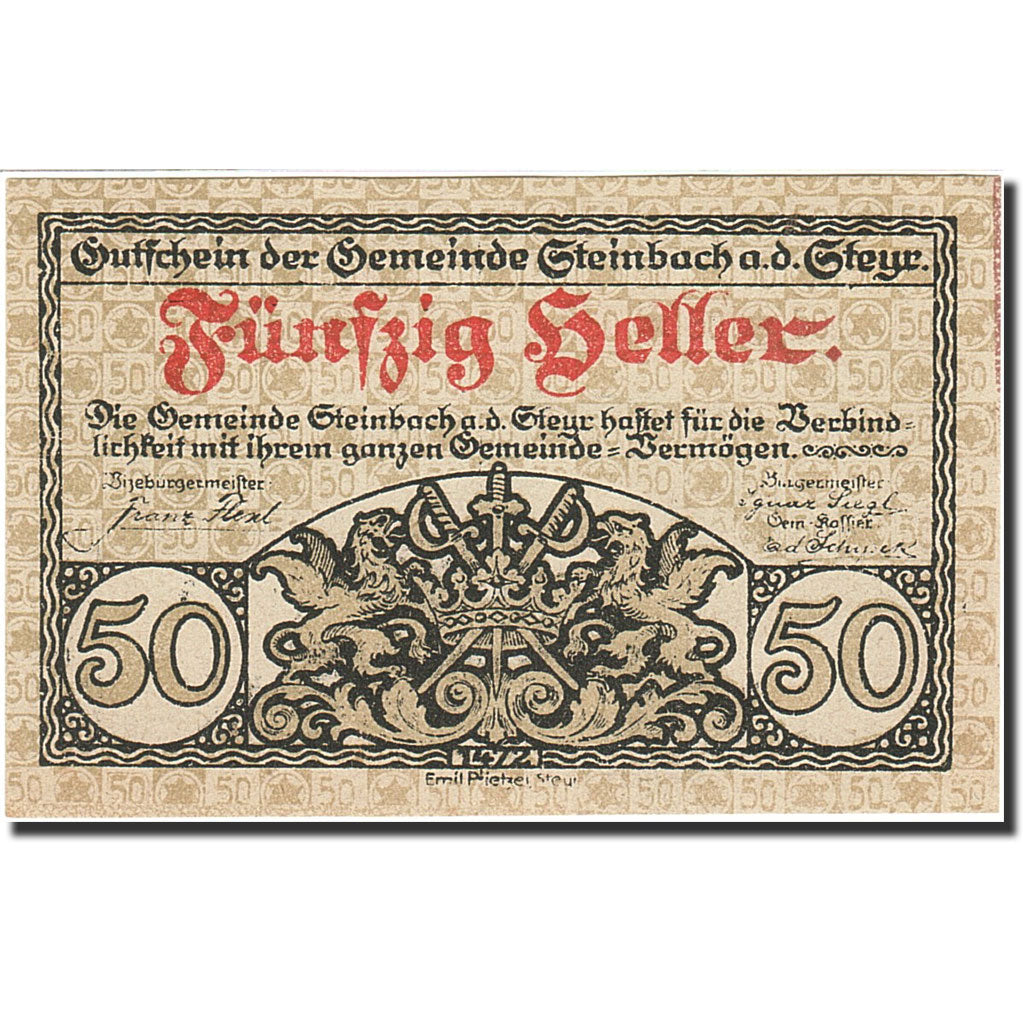 Banknote, Austria, Steinbach an der Steyr, 50 Heller, Blason, 1920, 1920-12-31