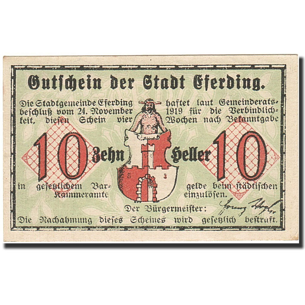 Banknote, Austria, Eferding, 10 Heller, Ecusson, 1919, 1919-11-24, AU(55-58)