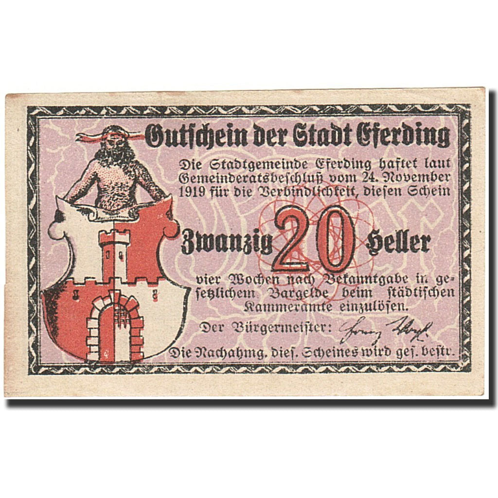 Banknote, Austria, Eferding, 20 Heller, Ecusson, 1919, 1919-11-24, EF(40-45)