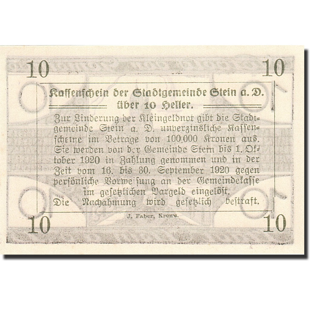 Banknote, Austria, Stein an der Donau, 10 Heller, château, 1920, 1920-04-09