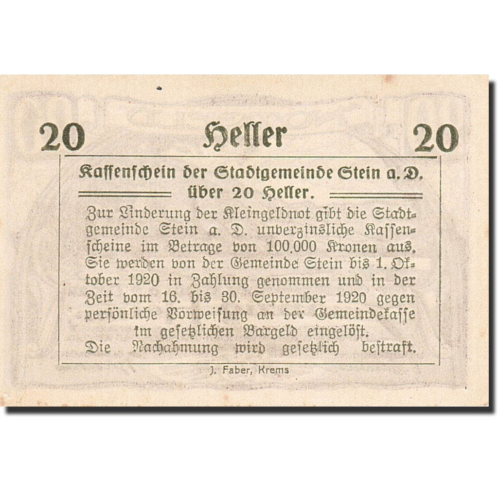 Banknote, Austria, Stein an der Donau, 20 Heller, paysage, 1920, 1920-04-09