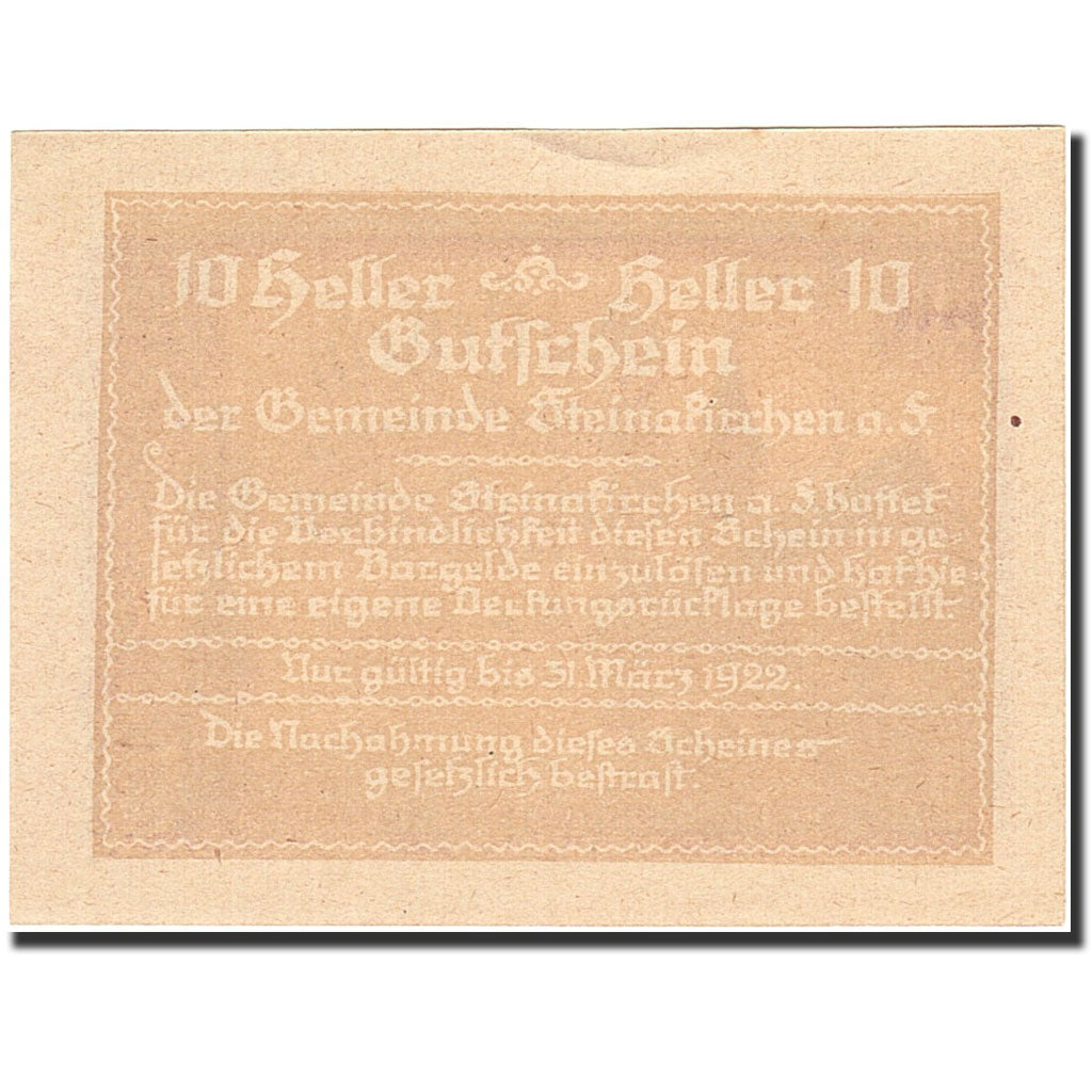 Banknote, Austria, Steinakirchen am Forst, 10 Heller, Eglise, 1922, 1922-03-31