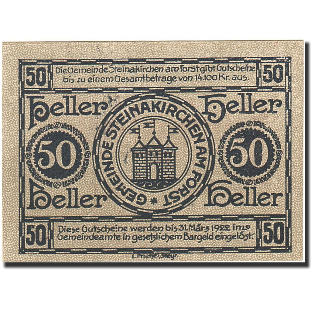 Banknot, Austria, Steinakirchen am Forst, 50 Heller, château, 1922, 1922-03-31