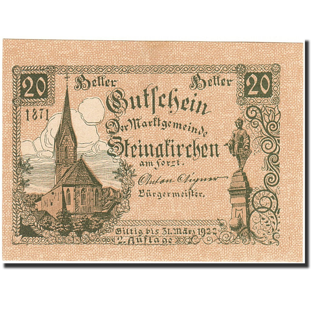 Banknote, Austria, Steinakirchen am Forst, 20 Heller, Eglise, 1922, 1922-03-31