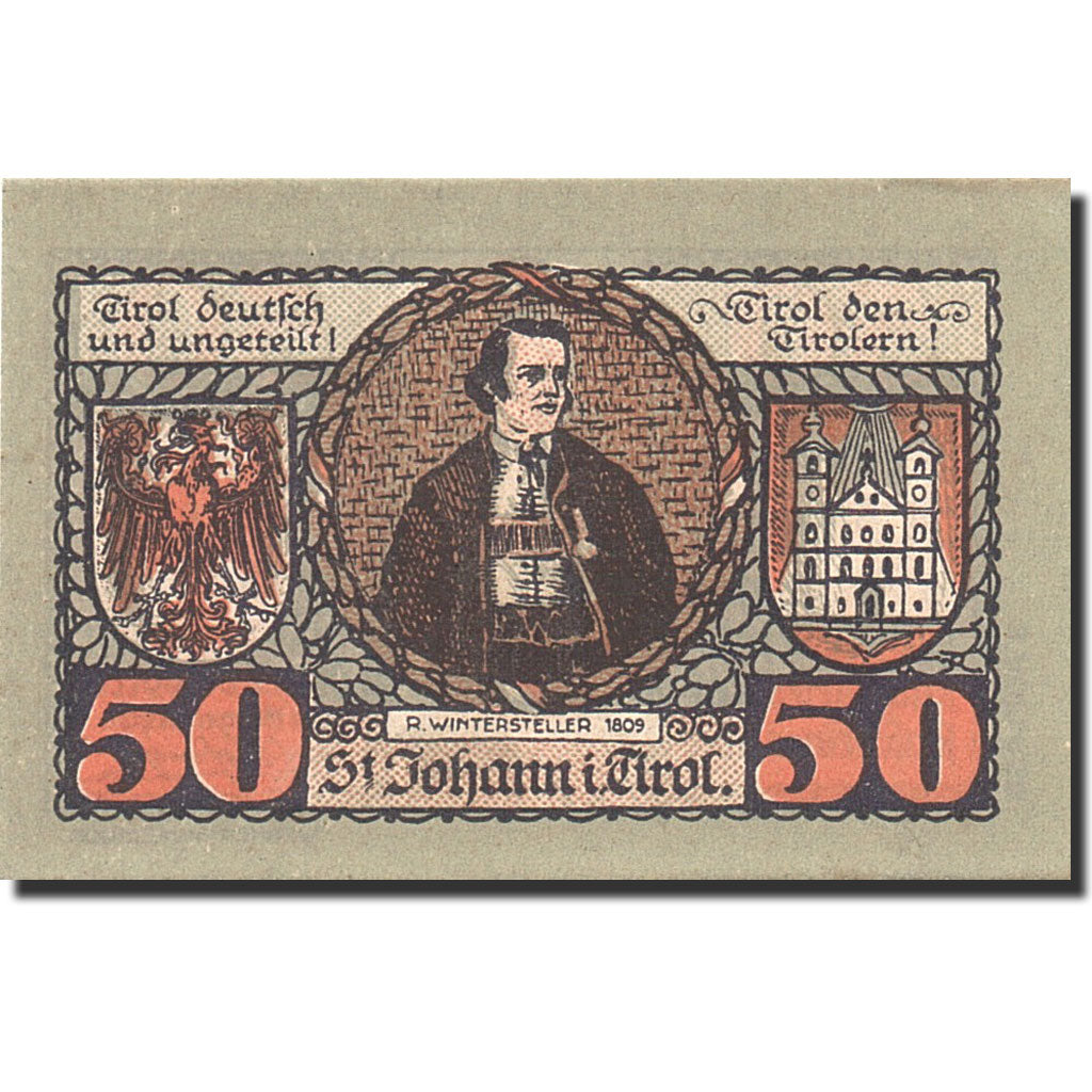 Banknote, Austria, St Johann in Tirol, 50 Heller, personnage, 1921, 1921-02-28