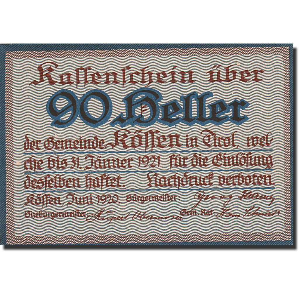 Banknot, Austria, Koffen in Tirol, 90 Heller, paysage, 1921, 1921-01-31, UNC(63)