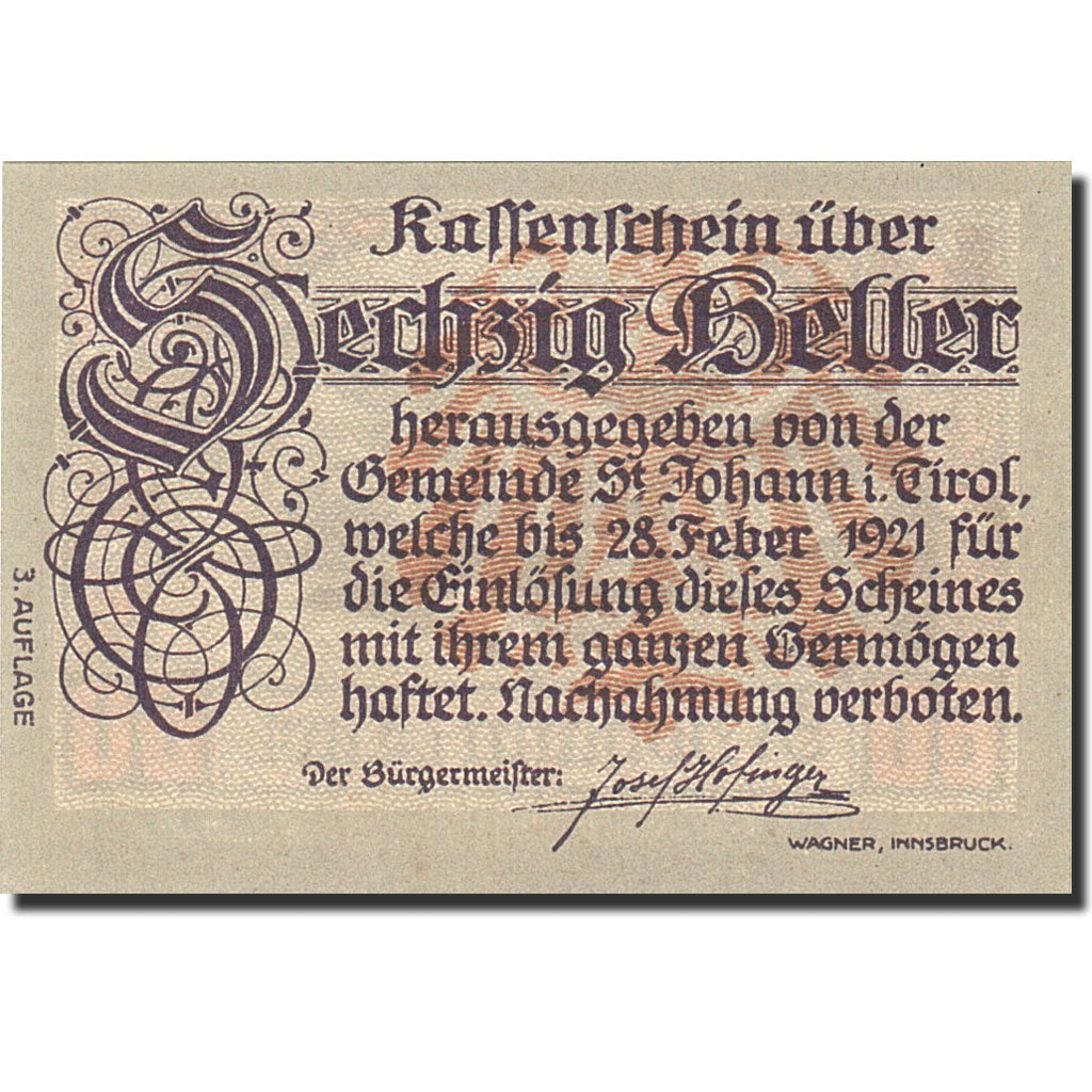 Billet, Autriche, St Johann in Tirol, 50 Heller, montagne, 1921, 1921-02-28, SPL