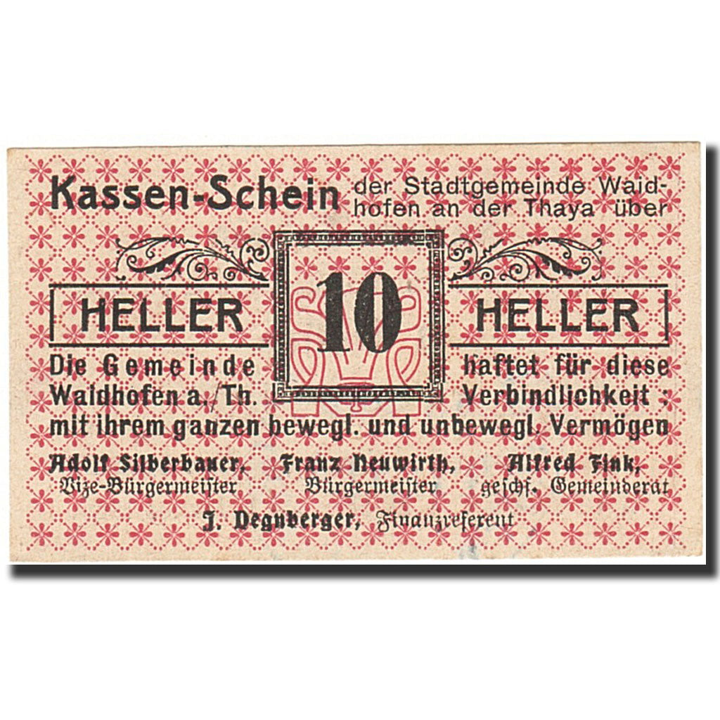 Banknote, Austria, Waidhofen an der Thaya, 10 Heller, valeur faciale, 1920