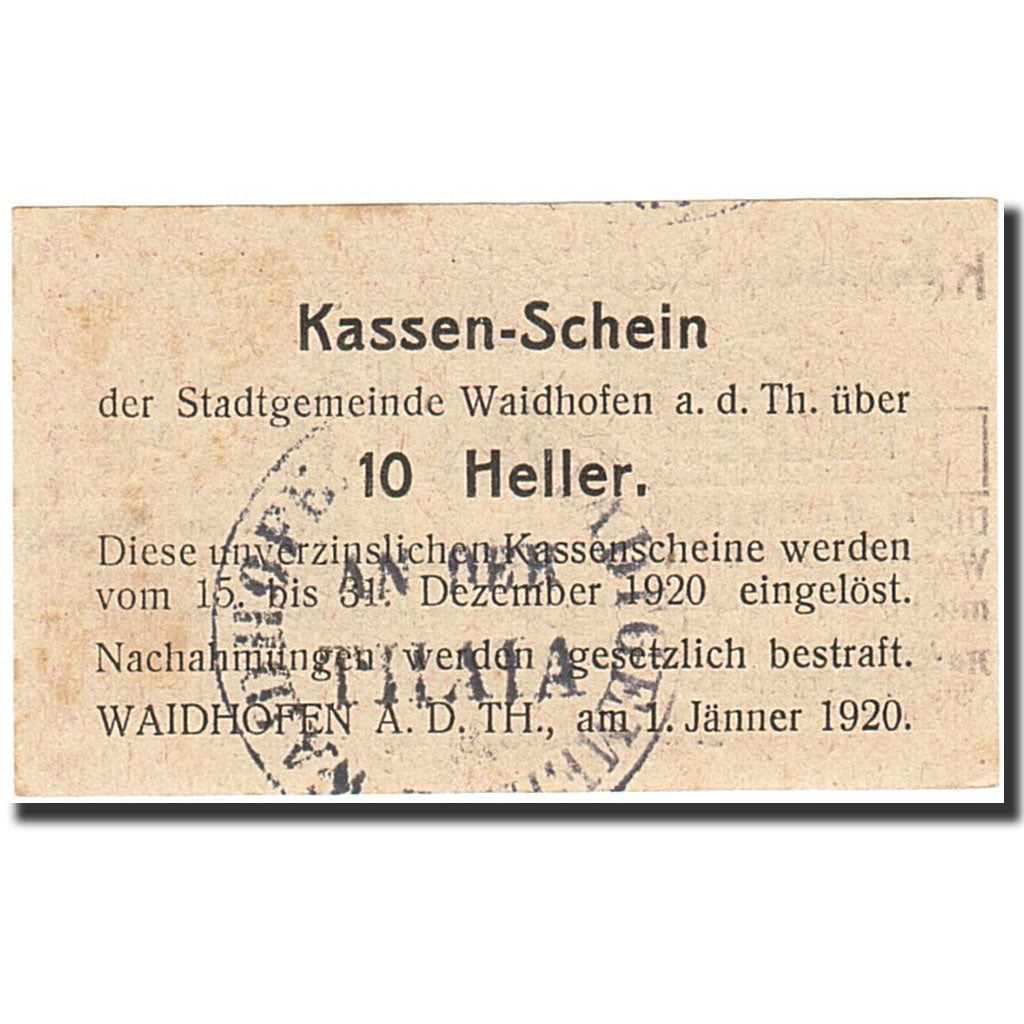 Banknote, Austria, Waidhofen an der Thaya, 10 Heller, valeur faciale, 1920