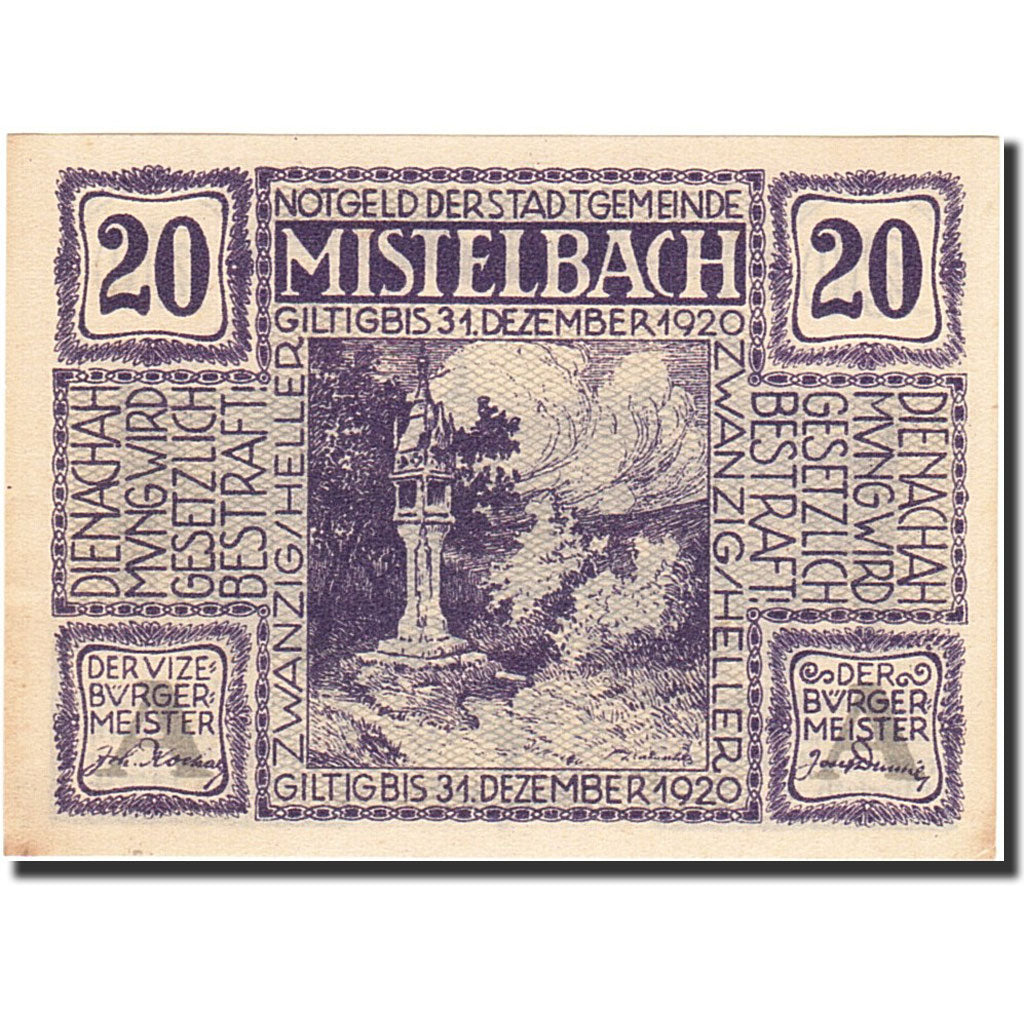 Banknote, Austria, Mistelbach an der Zaya, 20 Heller, Monument, 1920