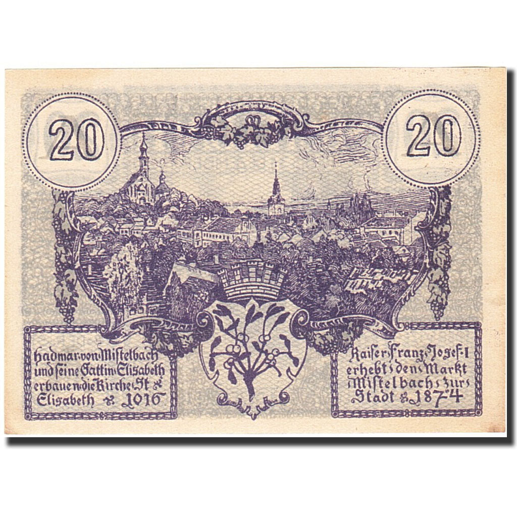 Banknote, Austria, Mistelbach an der Zaya, 20 Heller, Monument, 1920