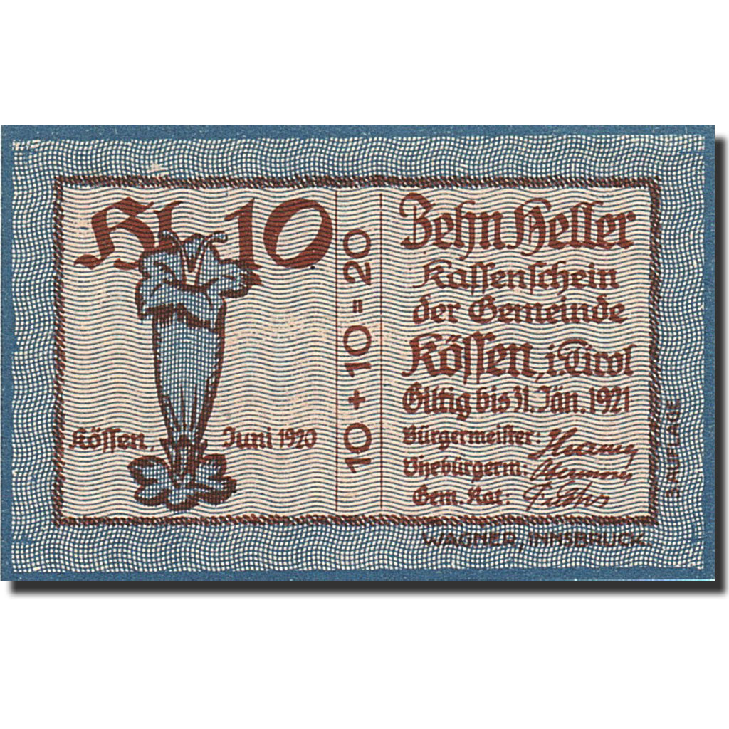 Banknote, Austria, Koffen in Tirol, 10 Heller, Fleur, 1921, 1921-01-31