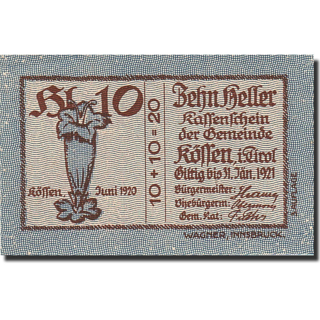 Banknote, Austria, Koffen in Tirol, 10 Heller, Fleur, 1921, 1921-01-31