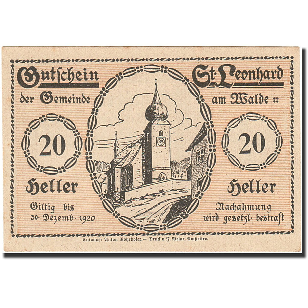 Banknote, Austria, Sankt Leonhard im Pitztal, 20 Heller, Eglise, 1920