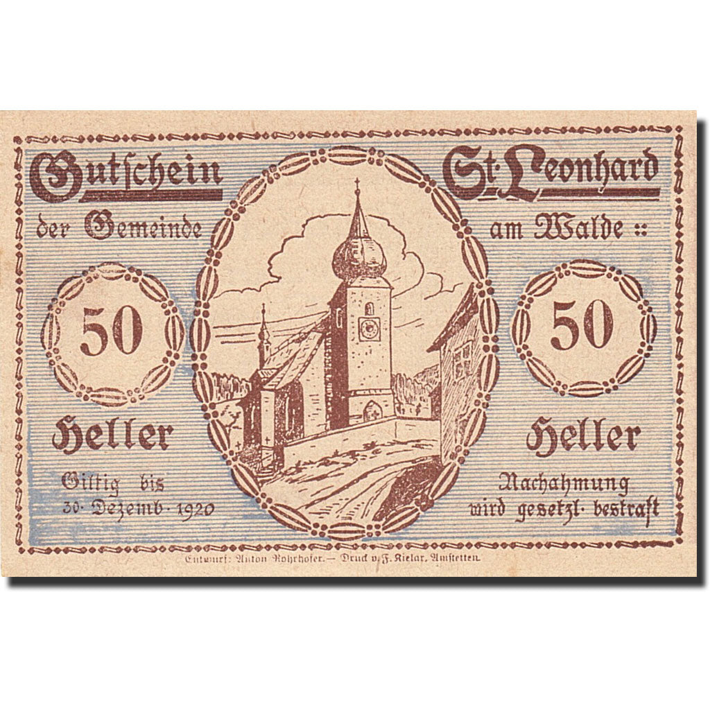 Banknote, Austria, Sankt Leonhard im Pitztal, 50 Heller, Eglise, 1920
