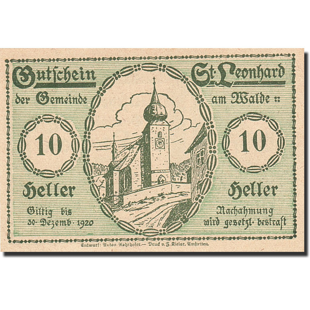 Banknote, Austria, Sankt Leonhard im Pitztal, 10 Heller, Eglise, 1920