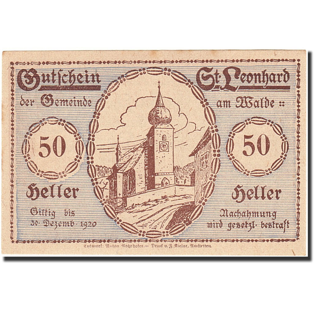 Banknote, Austria, Sankt Leonhard im Pitztal, 50 Heller, Eglise, 1920