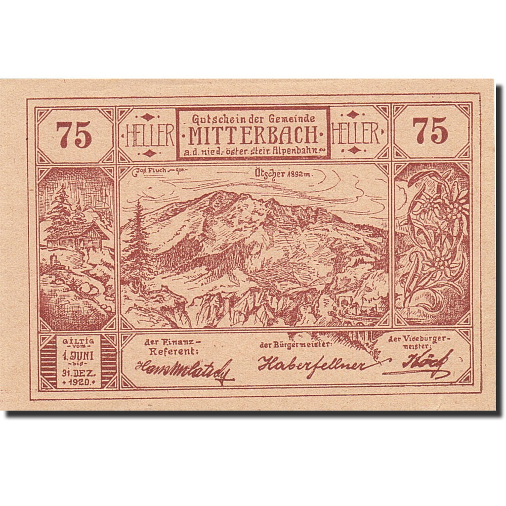 Banknote, Austria, Mitterbach, 80 Heller, montagne, 1920, 1920-12-31, UNC(63)